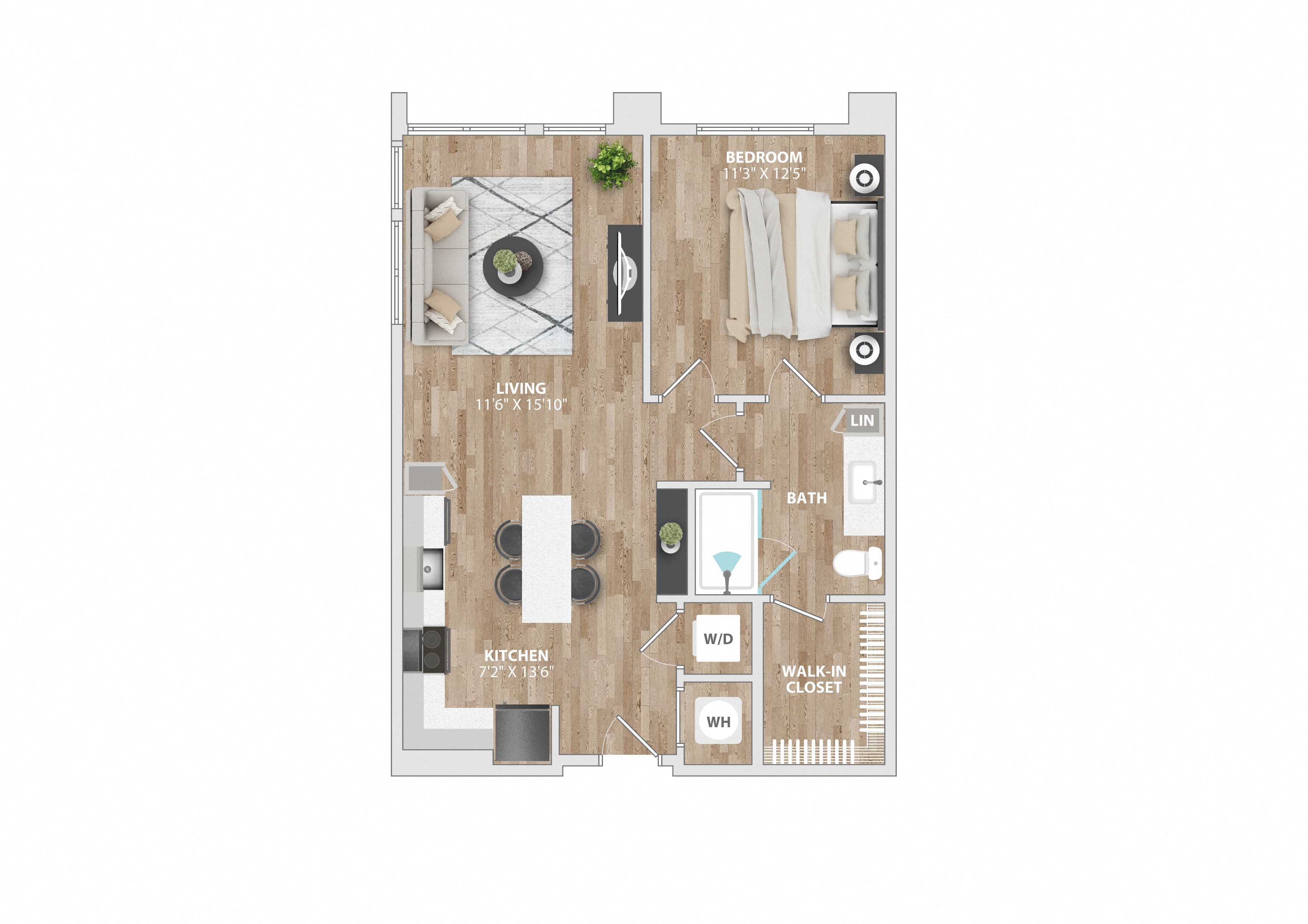 Floor plan for 1 bed, 1 bath, 744 sqft