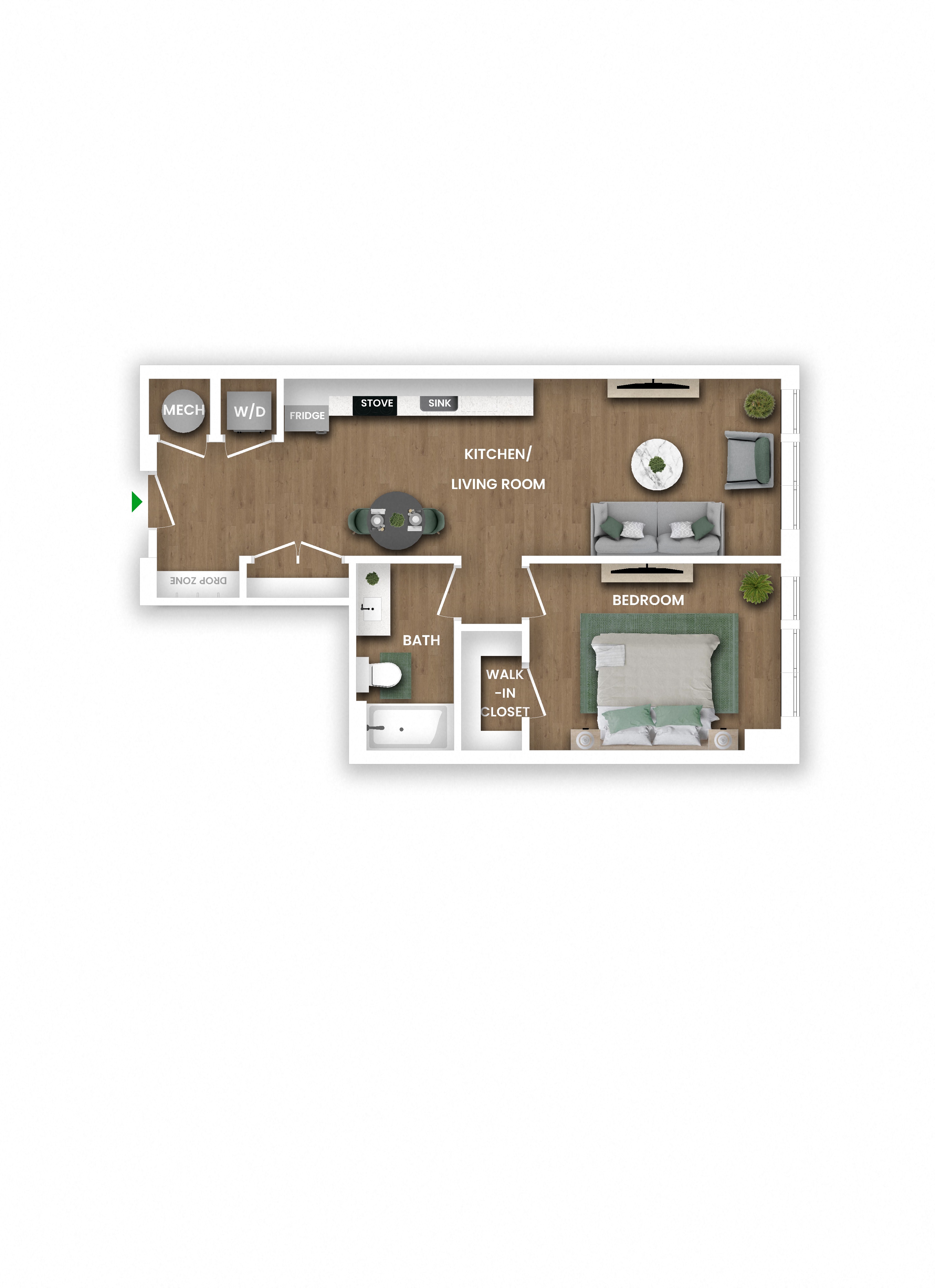 Floor plan for 1 bed, 1 bath, 709 sqft