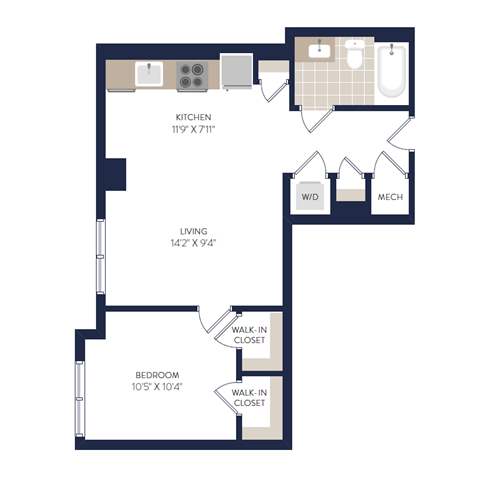 Floor plan for 1 bed, 1 bath