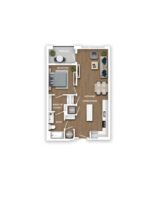 Floor plan for 1 bed, 1 bath, 725 sqft