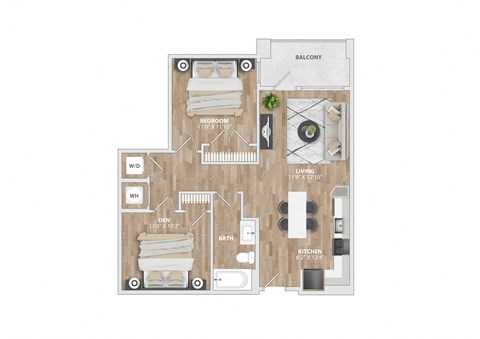Floor plan for 1 bed, 1 bath, 821 sqft