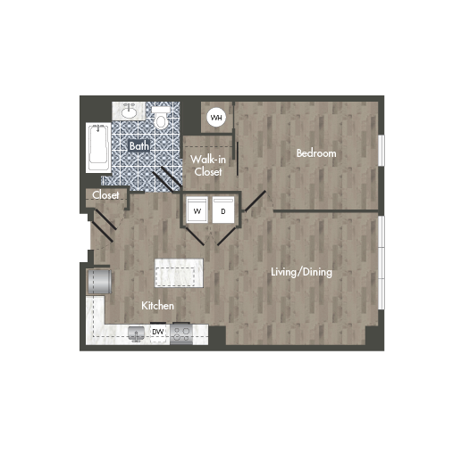 Floor plan for 1 bed, 1 bath, 764 sqft