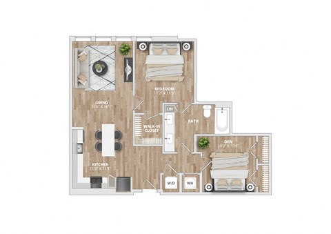 Floor plan for 1 bed, 1 bath, 905 sqft
