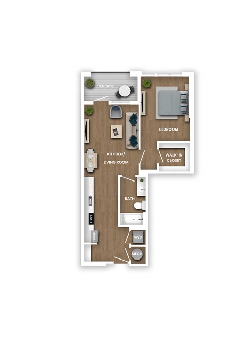 Floor plan for 1 bed, 1 bath, 731 sqft