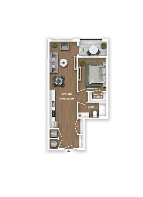 Floor plan for 1 bed, 1 bath, 733 sqft