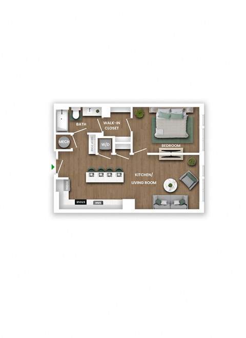 Floor plan for 1 bed, 1 bath, 733 sqft