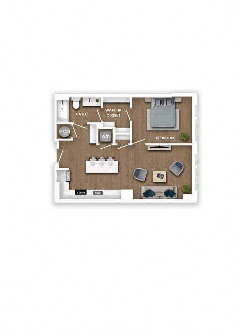 Floor plan for 1 bed, 1 bath, 741 sqft