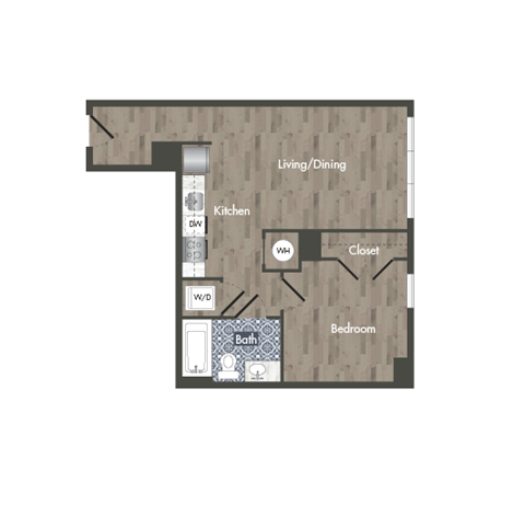 Floor plan for 1 bed, 1 bath, 587 sqft