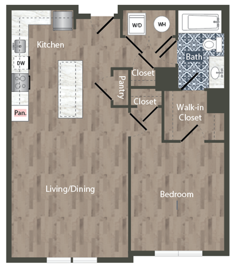 Floor plan for 1 bed, 1 bath, 855 sqft