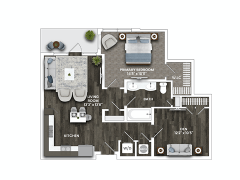 Floor plan for 1 bed, 1 bath, 832 sqft
