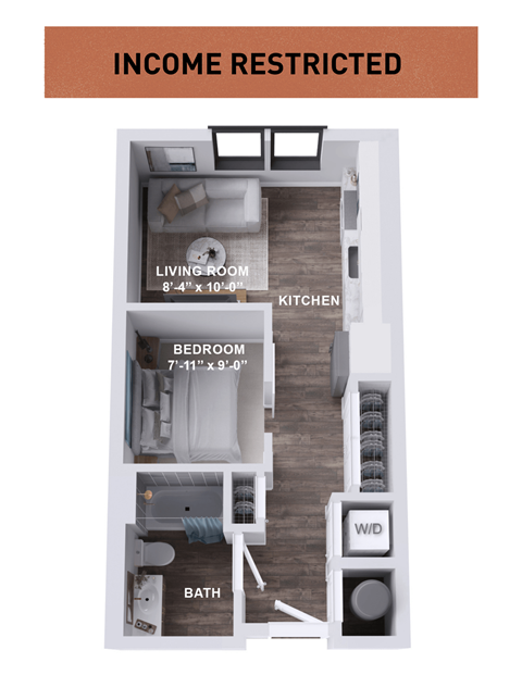 Floor plan for 1 bed, 1 bath, 478 sqft
