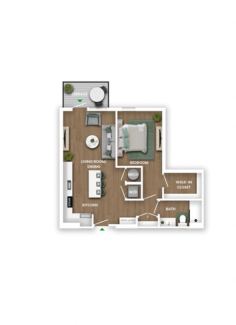 Floor plan for 1 bed, 1 bath, 742 sqft