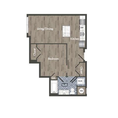 Floor plan for 1 bed, 1 bath, 602 sqft