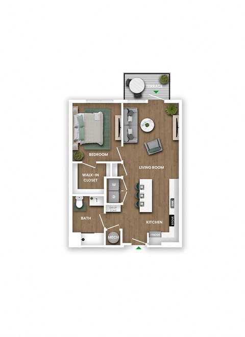 Floor plan for 1 bed, 1 bath, 765 sqft
