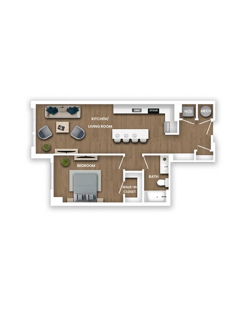 Floor plan for 1 bed, 1 bath, 803 sqft