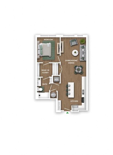Floor plan for 1 bed, 1 bath, 775 sqft