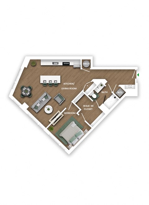 Floor plan for 1 bed, 1 bath, 944 sqft