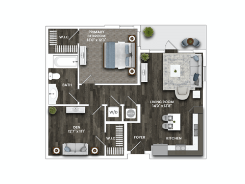 Floor plan for 1 bed, 1 bath, 832 sqft