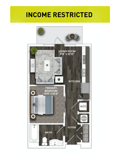 Floor plan for 1 bed, 1 bath, 527 sqft