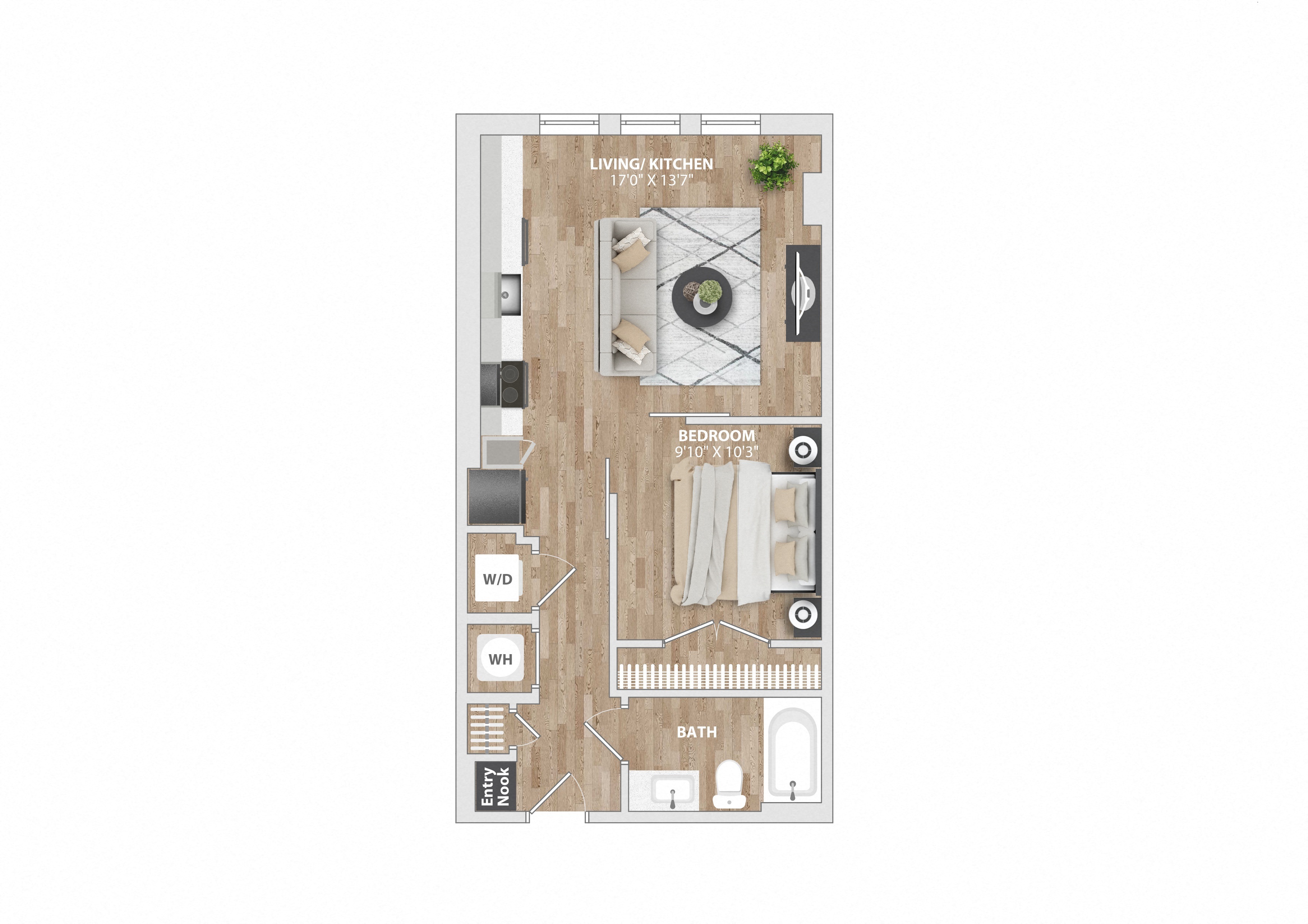 Floor plan for studio, 1 bath, 600 sqft