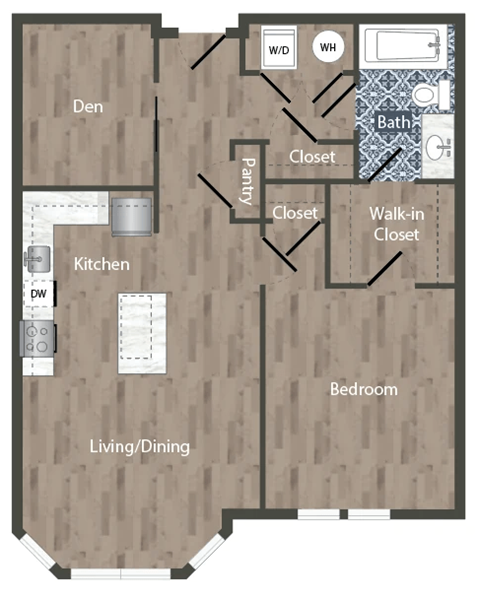 Floor plan for 1 bed, 1 bath, 907 sqft