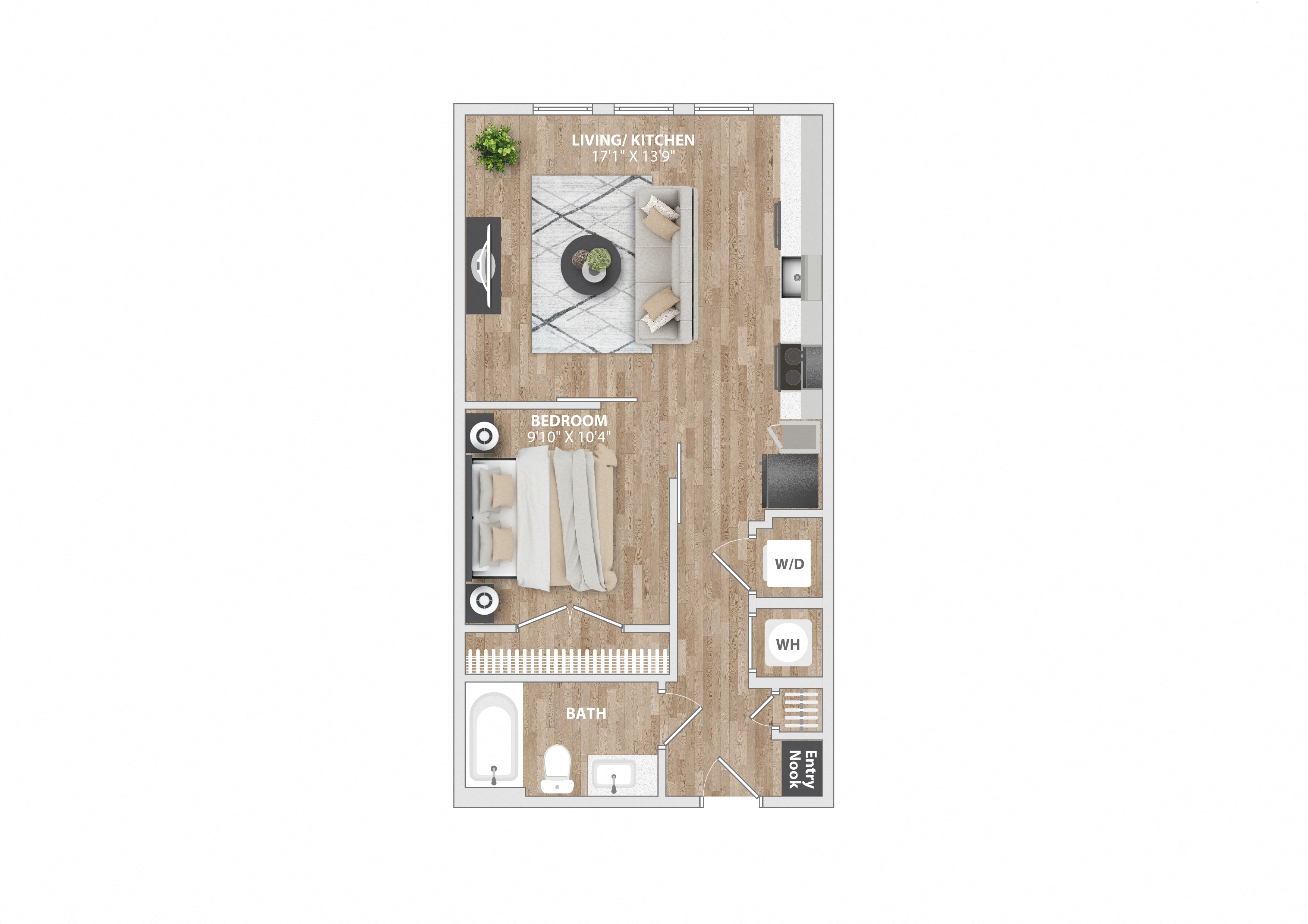 Floor plan for studio, 1 bath, 594 sqft