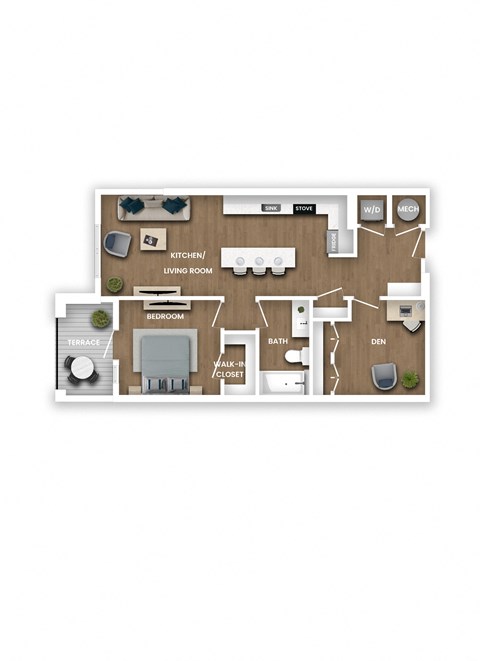 Floor plan for 1 bed, 1 bath, 827 sqft