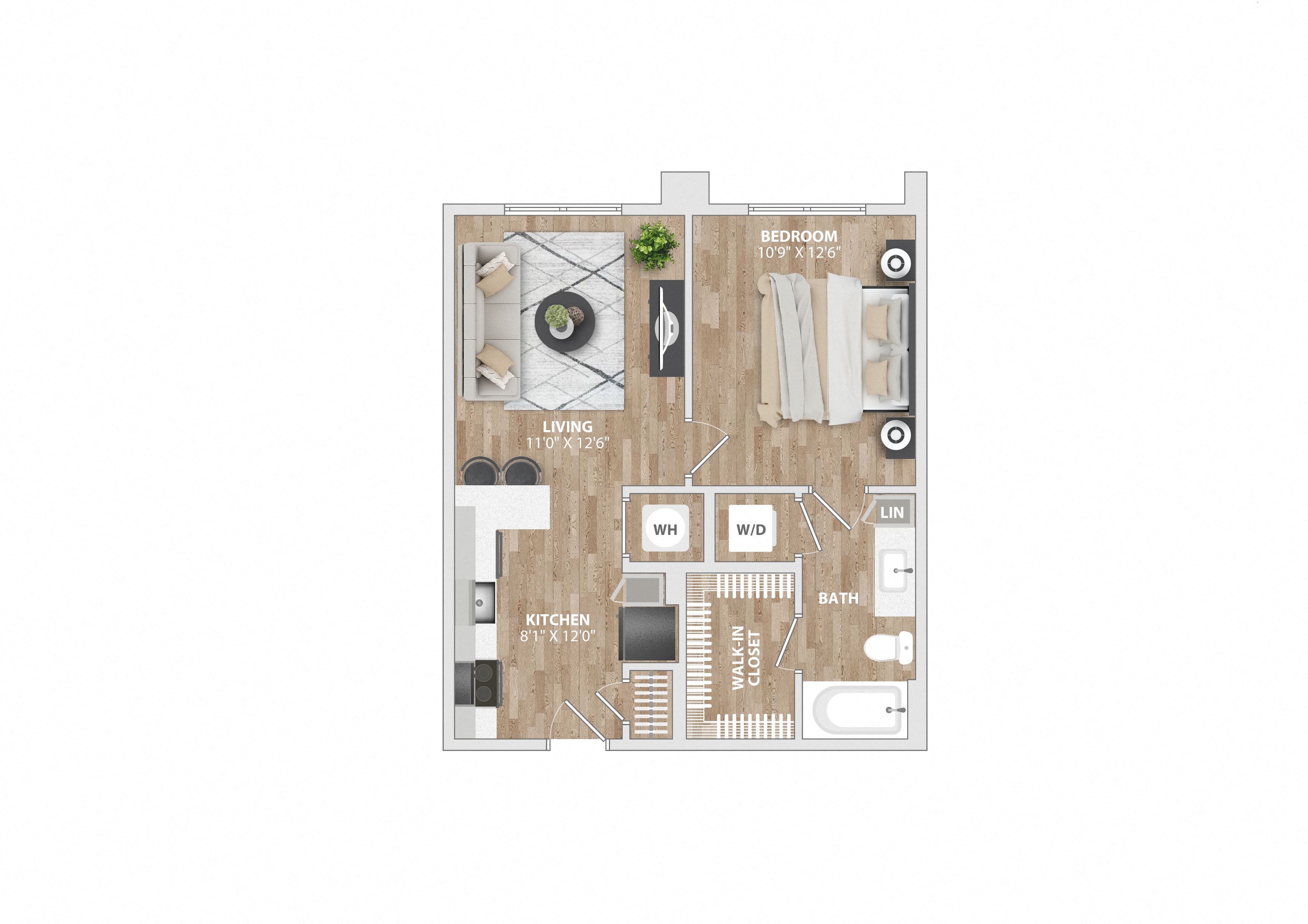 Floor plan for 1 bed, 1 bath, 598 sqft