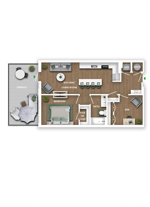 Floor plan for 1 bed, 1 bath, 847 sqft