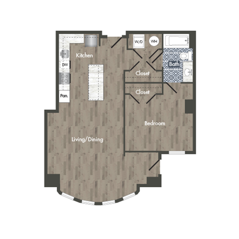 Floor plan for 1 bed, 1 bath, 788 sqft