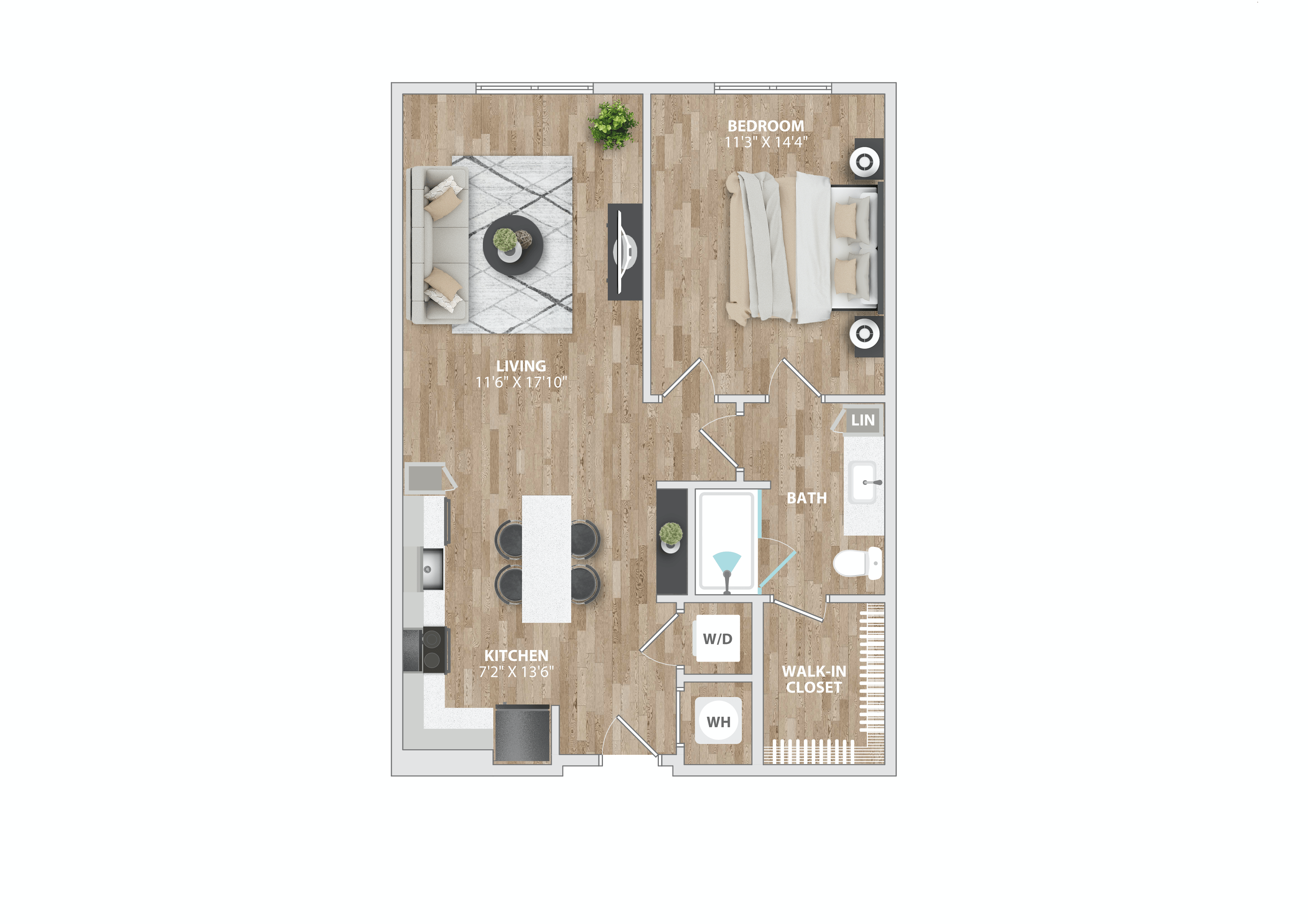 Floor plan for 1 bed, 1 bath, 756 sqft