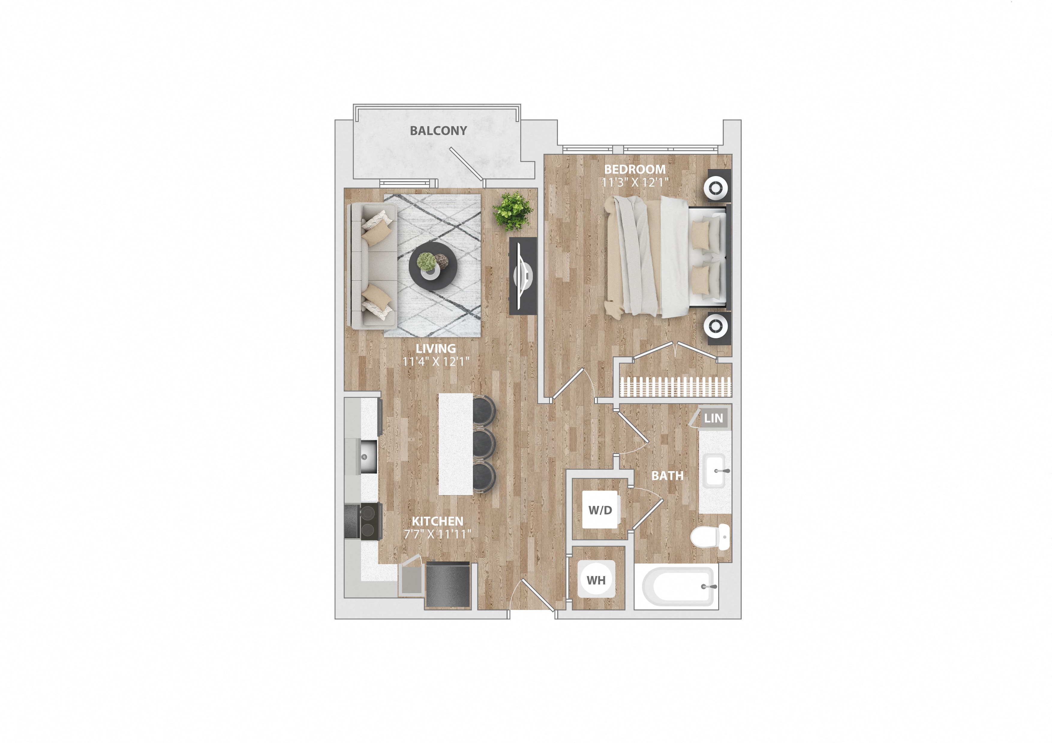 Floor plan for 1 bed, 1 bath, 648 sqft