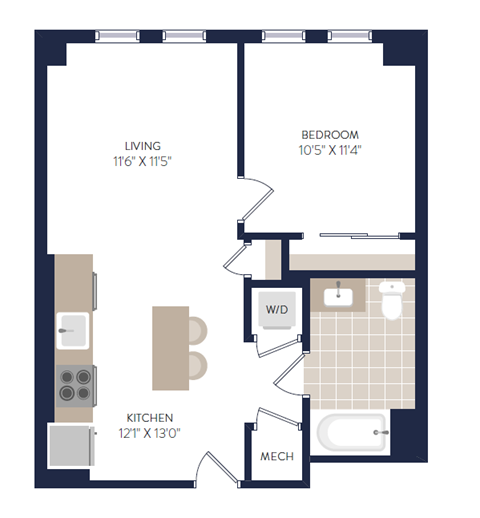 Floor plan for 1 bed, 1 bath, 541 sqft