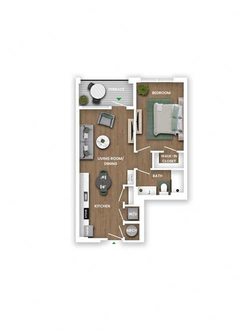 Floor plan for 1 bed, 1 bath, 688 sqft