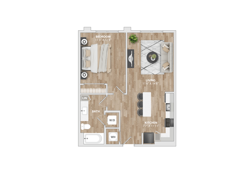 Floor plan for 1 bed, 1 bath, 685 sqft
