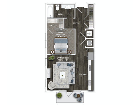 Floor plan for 1 bed, 1 bath, 713 sqft