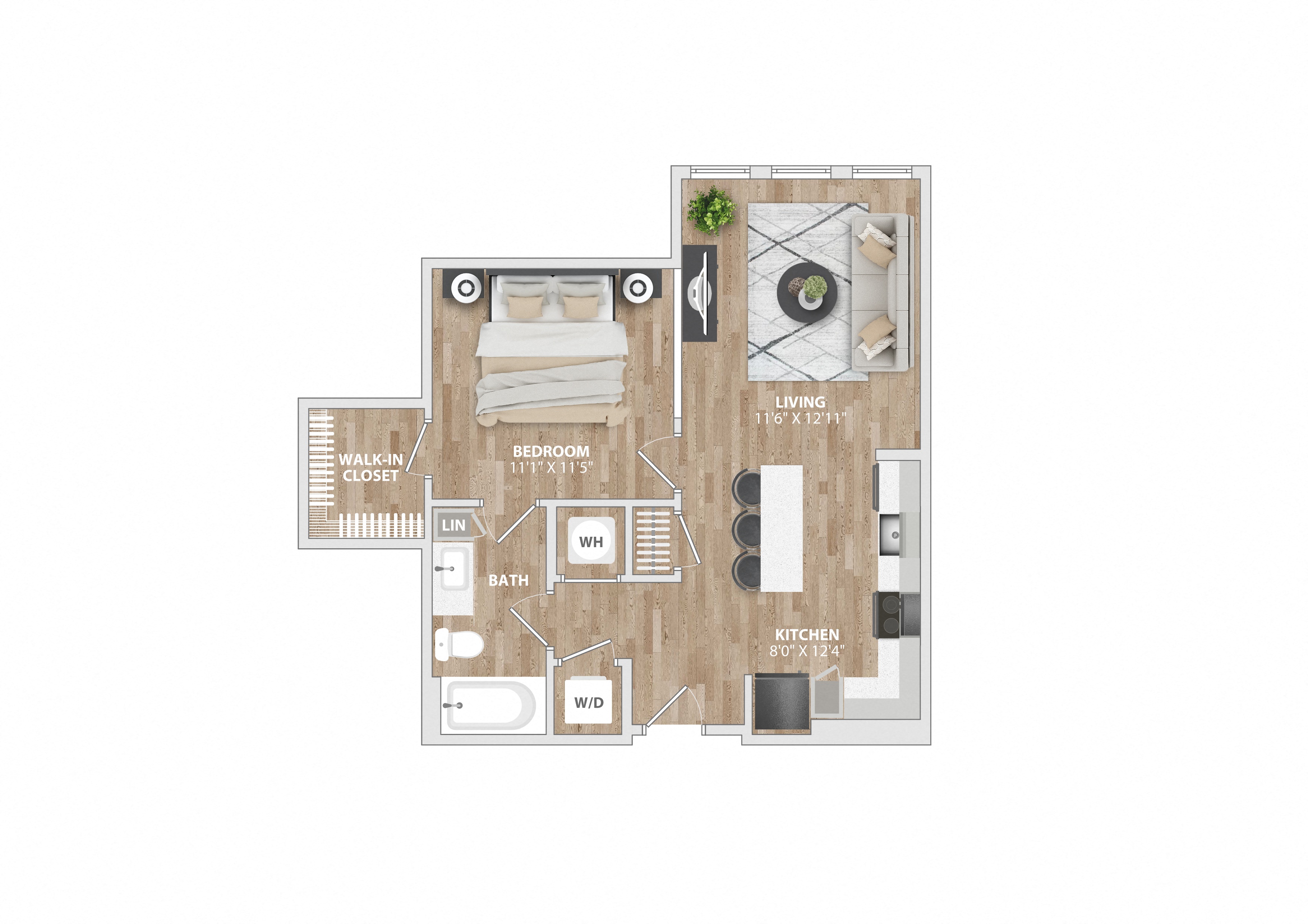 Floor plan for 1 bed, 1 bath, 661 sqft