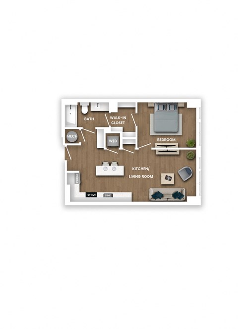 Floor plan for 1 bed, 1 bath, 694 sqft