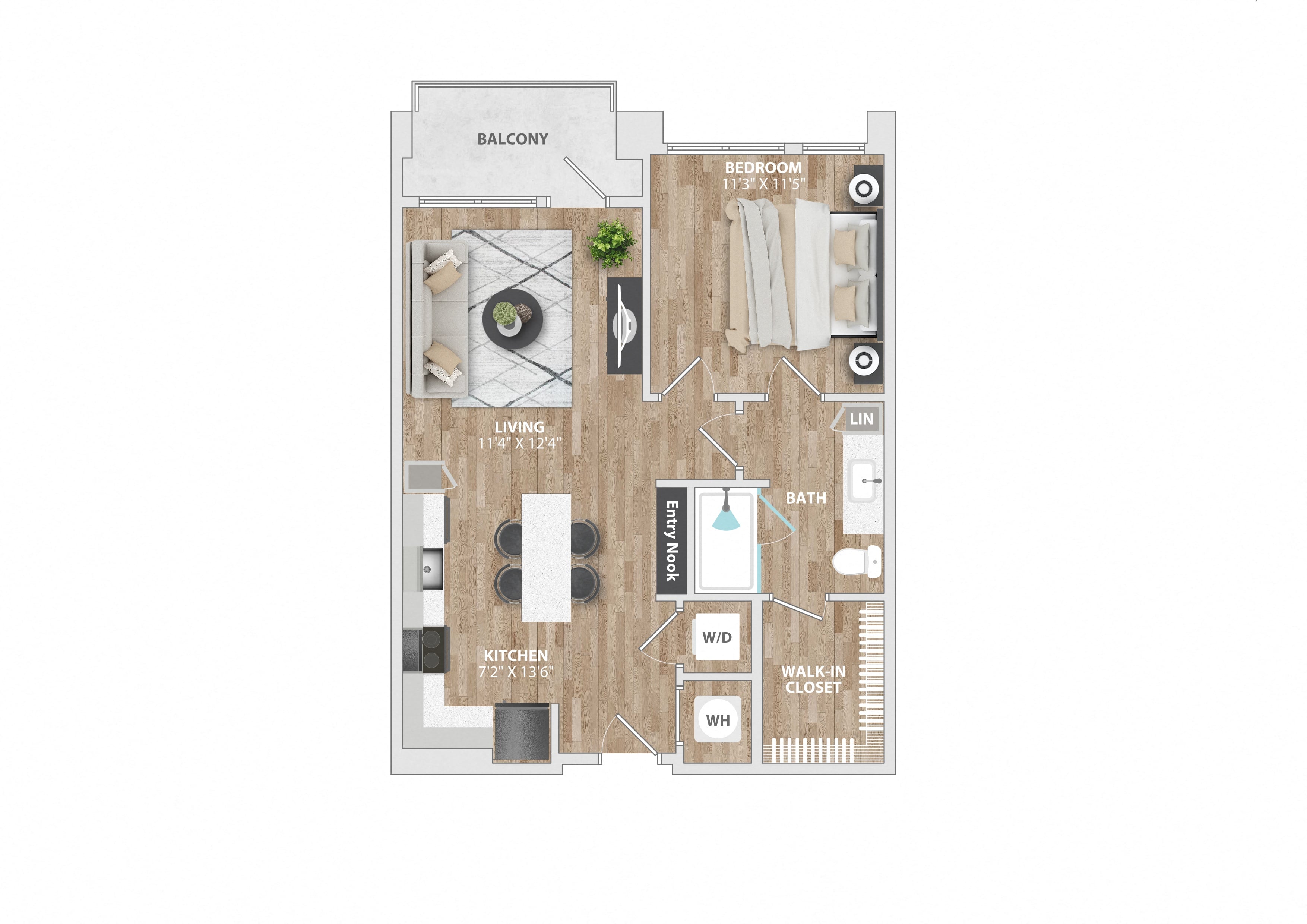 Floor plan for 1 bed, 1 bath, 714 sqft