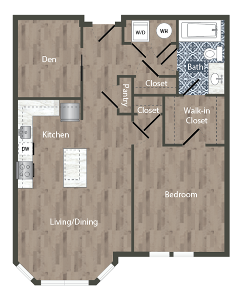 Floor plan for 1 bed, 1 bath, 848 sqft