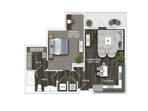 Floor plan for 1 bed, 1 bath, 757 sqft