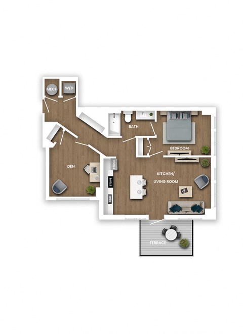 Floor plan for 1 bed, 1 bath, 894 sqft