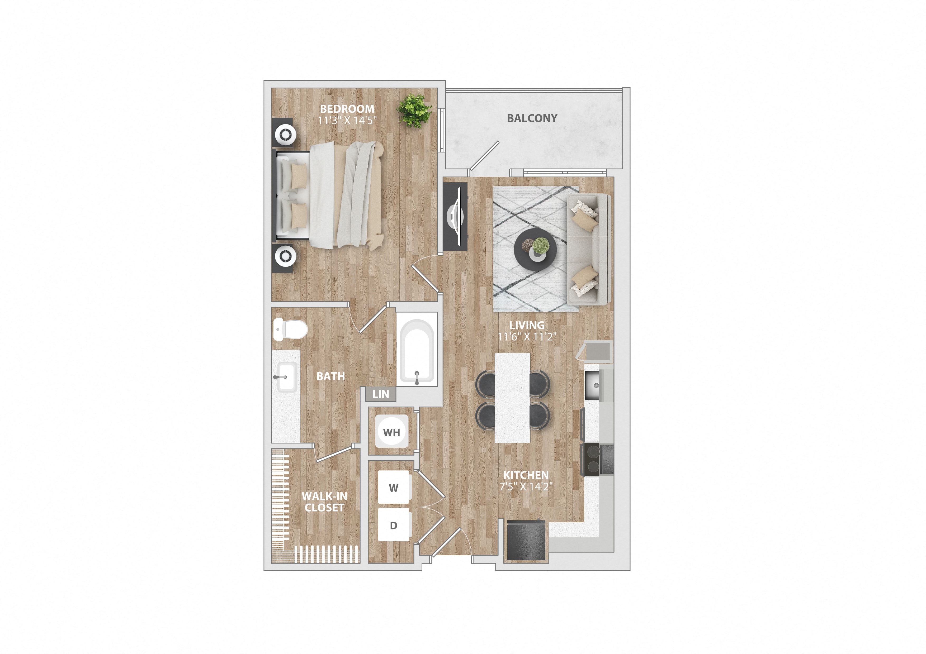 Floor plan for 1 bed, 1 bath, 722 sqft