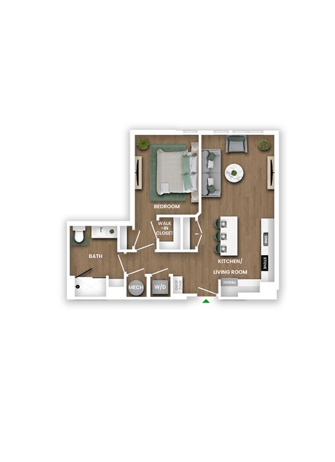 Floor plan for 1 bed, 1 bath, 731 sqft