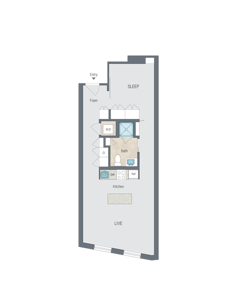 Floor plan for 1 bed, 1 bath, 649 sqft