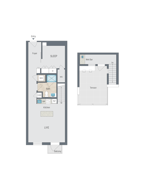 Floor plan for 1 bed, 1 bath, 676 sqft