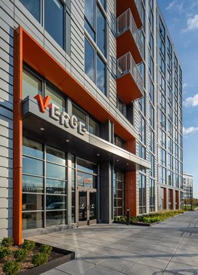 Washington apartment for rent - A modern building with the name Verge on the front.