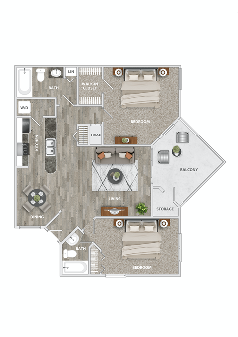 Floor plan for 2 beds, 2 baths, 988 sqft