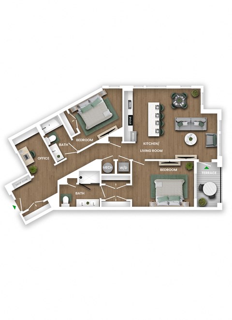 Floor plan for 2 beds, 2 baths, 1281 sqft