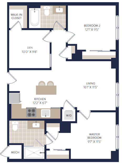 Floor plan for 2 beds, 2 baths, 962 sqft